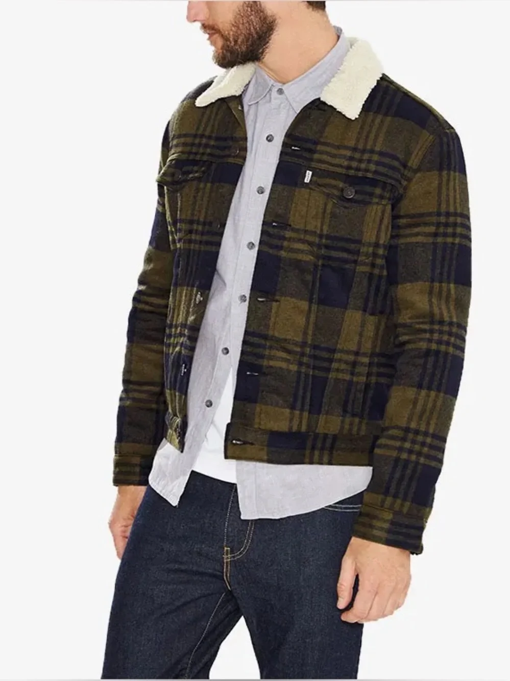 Men's Levi Strauss Olive & Black Plaid Sherpa Collar Jacket Small